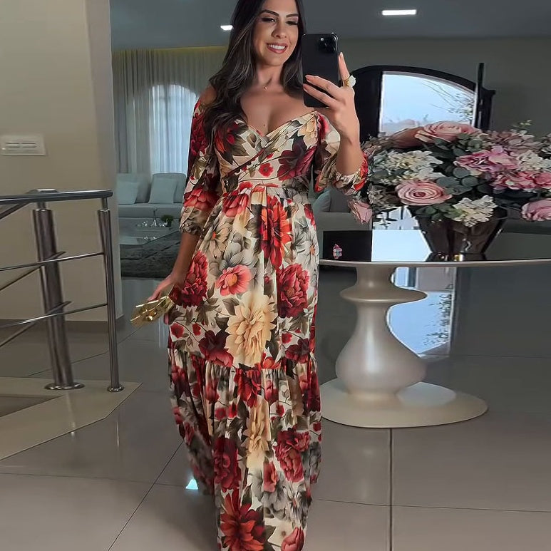 Paulina™ - Floral Pleated V-Neck Dress 