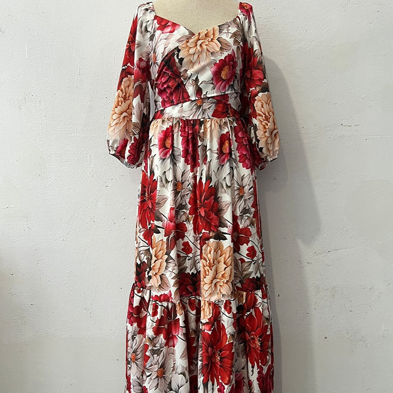 Paulina™ - Floral Pleated V-Neck Dress 